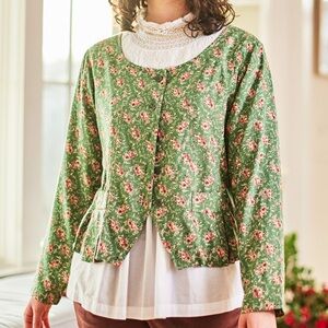 April Cornell Cornwall blouse green floral long sleeve rayon button down XS